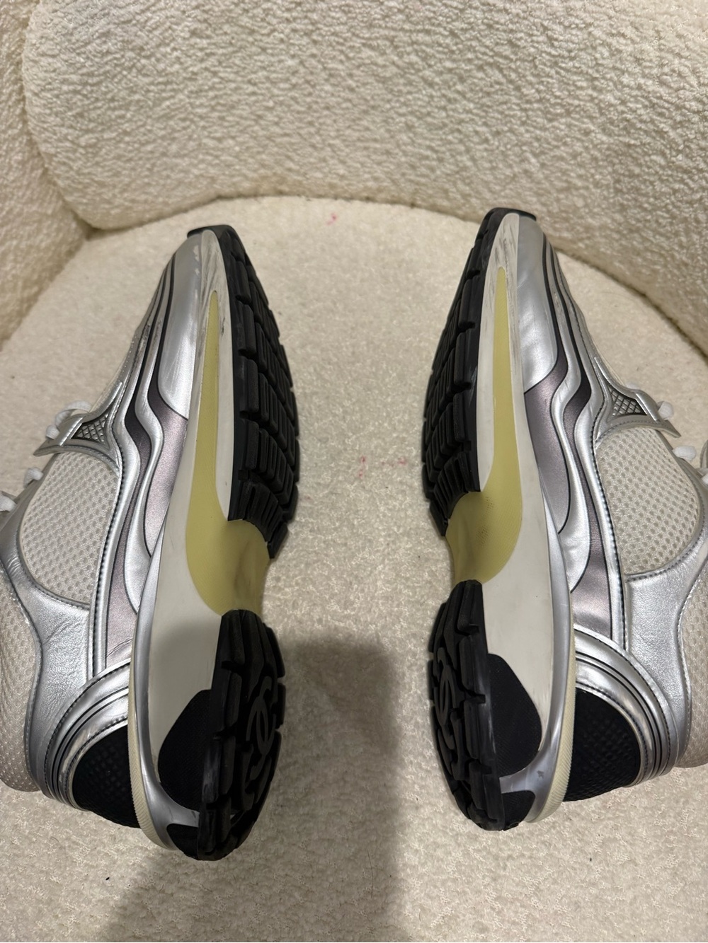 CHANEL Silver, White & Cream CC-Emblem Sneakers - Picture 3 of 5